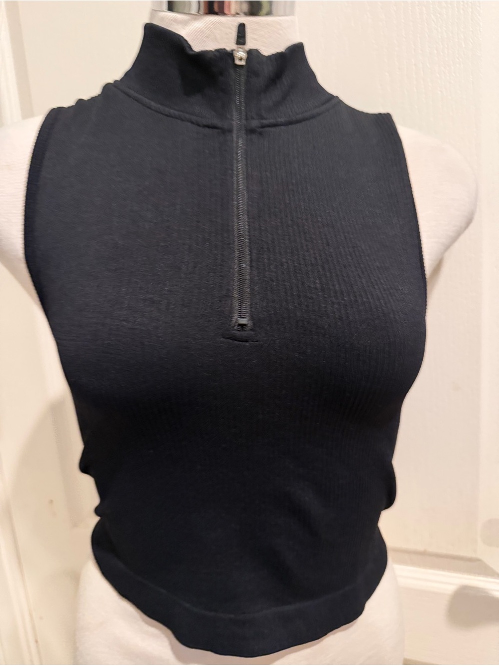 Ribbed Half-Zip Mock Neck Tank Top - Black